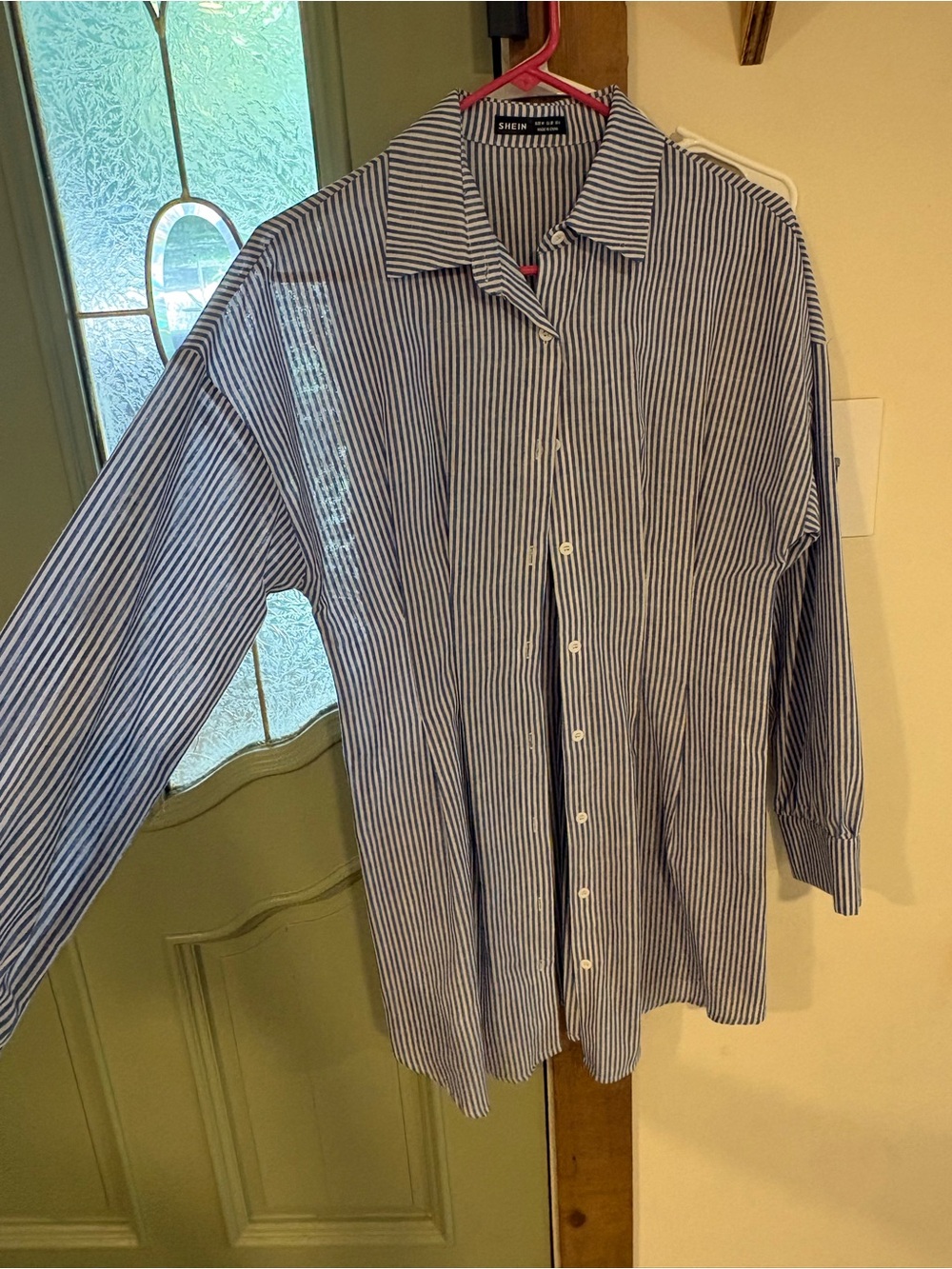 SHEIN Blue and White Vertical Stripe Casual Button-Down Shirt